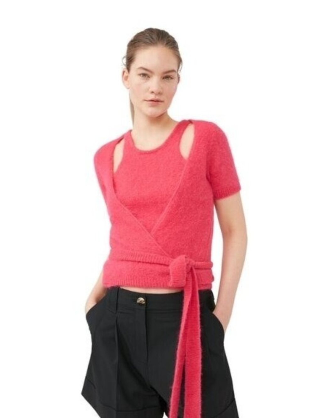 Ganni Brushed Alpaca Wrap Twinset Top in Love Potion Size M